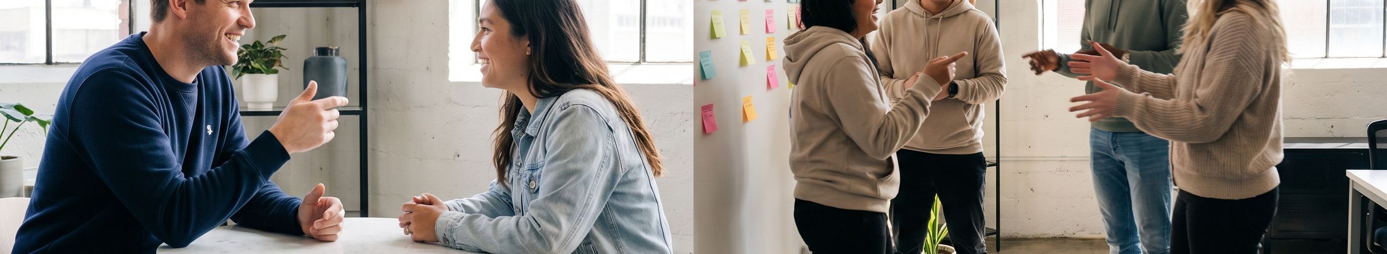 Geteiltes Bild: links ein 1:1 Coaching am Stehtisch, rechts ein Workshop in entspannter Runde vor einer bunten Notizwand.