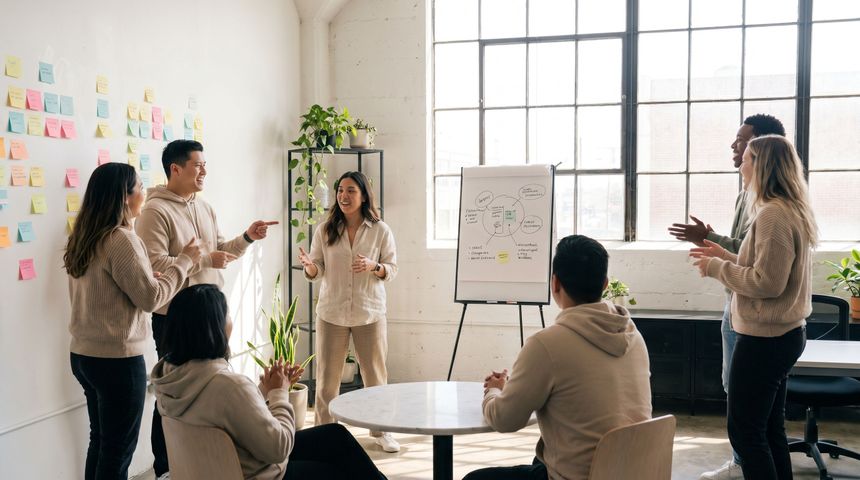 Sieben Kolleg:innen in einem hellen, modernen Loft-Office in einem aktiven Gesundheits-Workshop — eine Moderatorin am Flipchart, ringsum lebhafte Gesten an einer Pinnwand voller bunter Notizzettel.