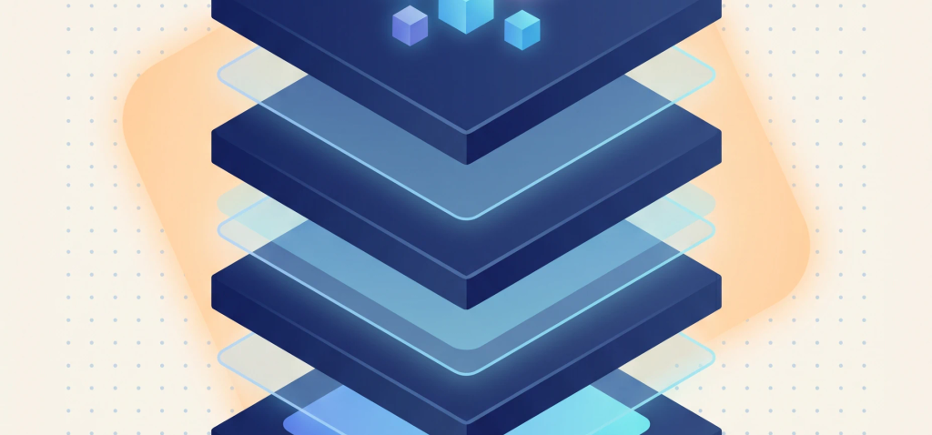 Isometrische Illustration der IPN-Plattform — gestapelte, halbtransparente Datenebenen in Navy mit leuchtenden Datenknoten.