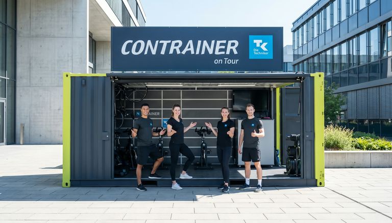 Der Contrainer mit geöffneter Front auf einem sonnigen Campus