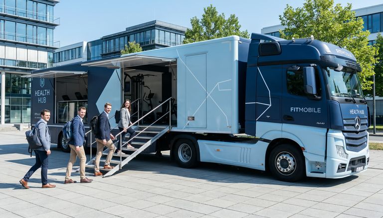 IPN-Großmobil auf einem Firmencampus, Mitarbeitende steigen ein
